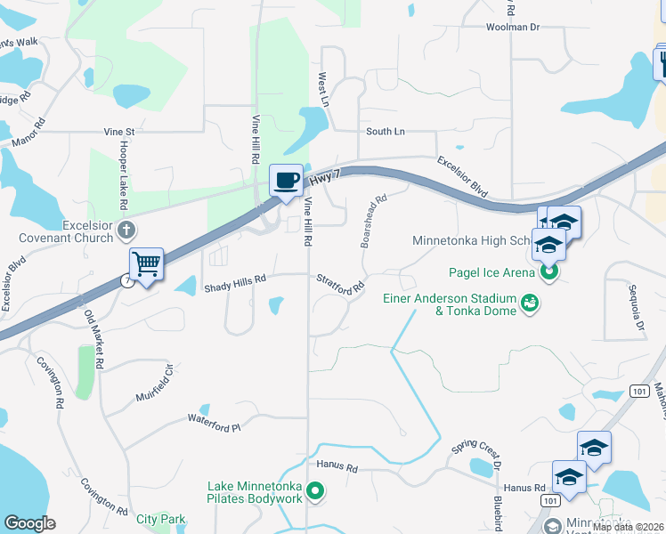 map of restaurants, bars, coffee shops, grocery stores, and more near 19000 Stratford Road in Minnetonka