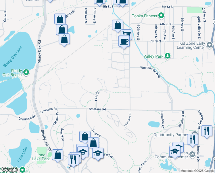 map of restaurants, bars, coffee shops, grocery stores, and more near 993 Woodhill Court in Hopkins