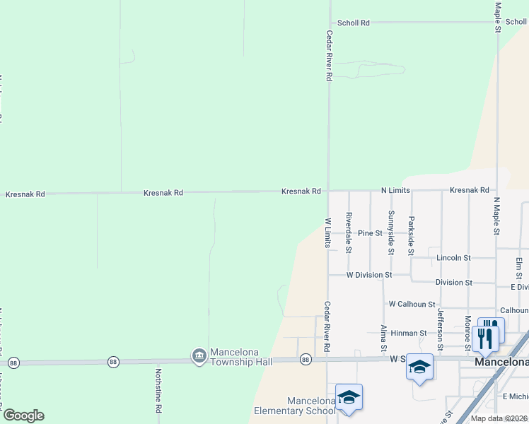map of restaurants, bars, coffee shops, grocery stores, and more near 644 Kresnak Road in Mancelona