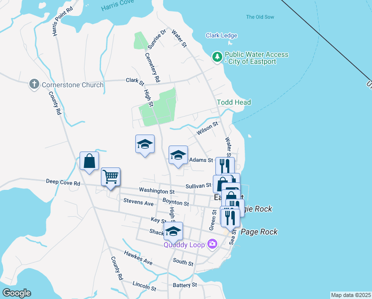 map of restaurants, bars, coffee shops, grocery stores, and more near 8 Gilman Street in Eastport
