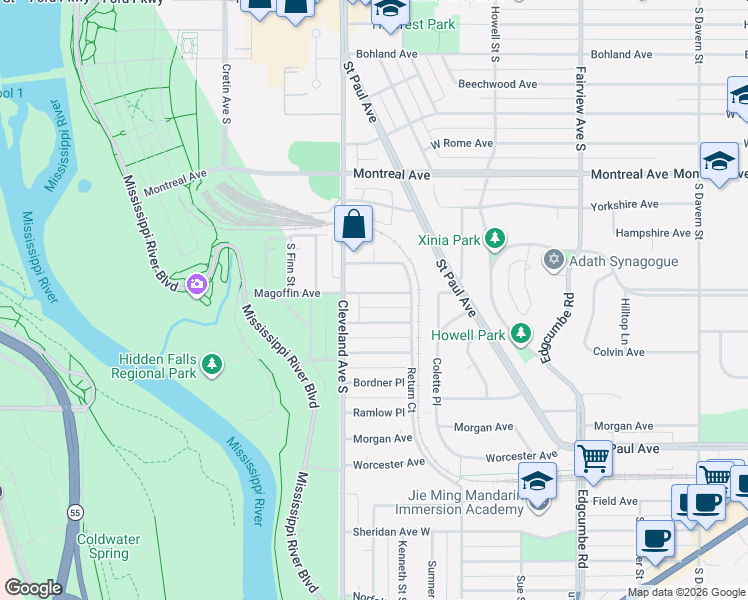 map of restaurants, bars, coffee shops, grocery stores, and more near 2036 Magoffin Avenue in Saint Paul