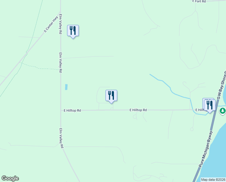 map of restaurants, bars, coffee shops, grocery stores, and more near 10343 East Hilltop Road in Suttons Bay