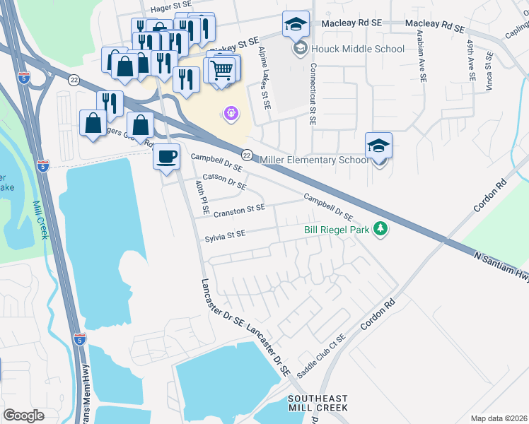 map of restaurants, bars, coffee shops, grocery stores, and more near 4166 Cranston Street Southeast in Salem