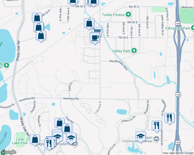 map of restaurants, bars, coffee shops, grocery stores, and more near 1160 Trailwood North in Hopkins