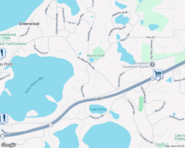 map of restaurants, bars, coffee shops, grocery stores, and more near 5230 Manor Road in Greenwood