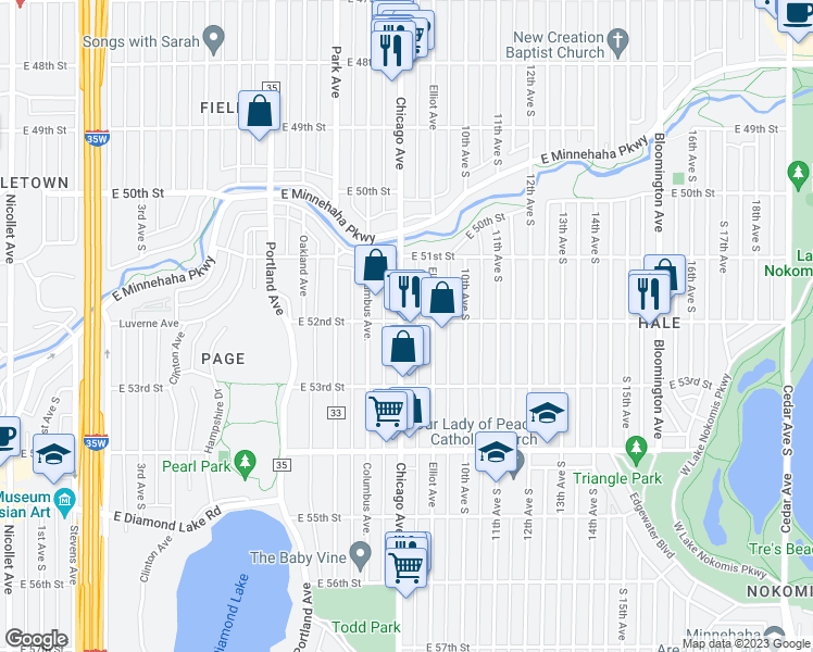 map of restaurants, bars, coffee shops, grocery stores, and more near 5201 Chicago Avenue in Minneapolis
