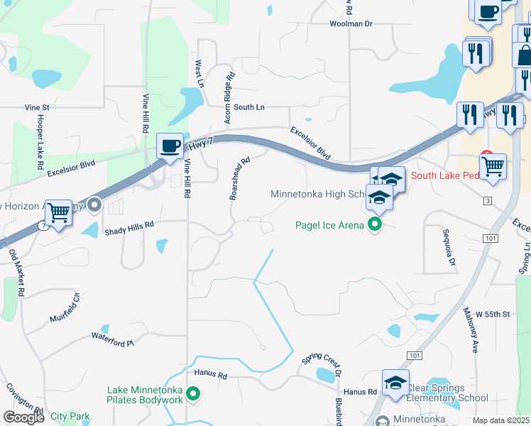 map of restaurants, bars, coffee shops, grocery stores, and more near 5244b Black Friars Lane in Minnetonka