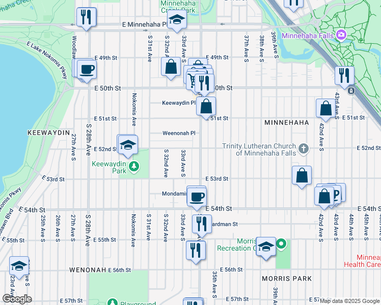 map of restaurants, bars, coffee shops, grocery stores, and more near 5214 South 34th Avenue in Minneapolis