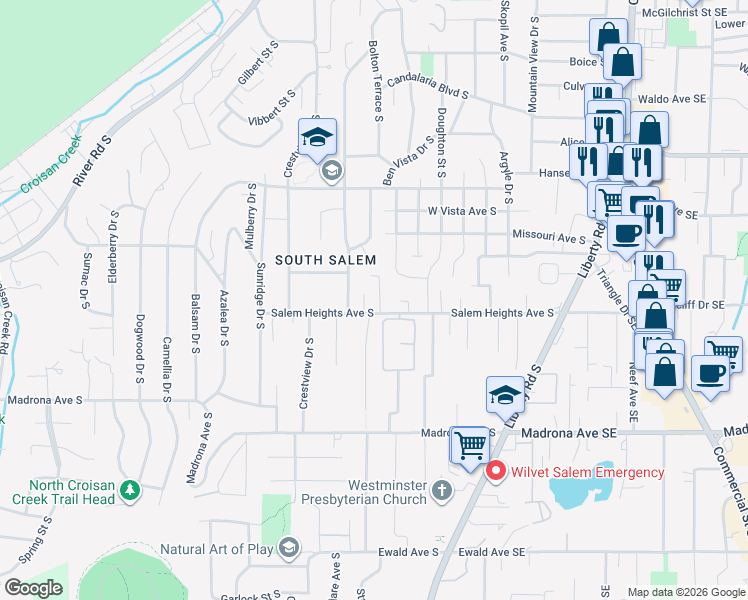 map of restaurants, bars, coffee shops, grocery stores, and more near 695 Salem Heights Avenue South in Salem