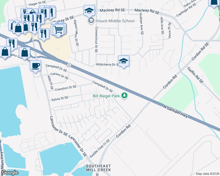 map of restaurants, bars, coffee shops, grocery stores, and more near 4485 Campbell Drive Southeast in Salem