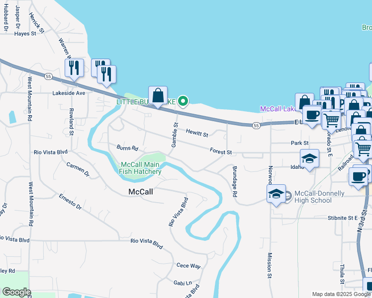 map of restaurants, bars, coffee shops, grocery stores, and more near 205 Mather Road in McCall