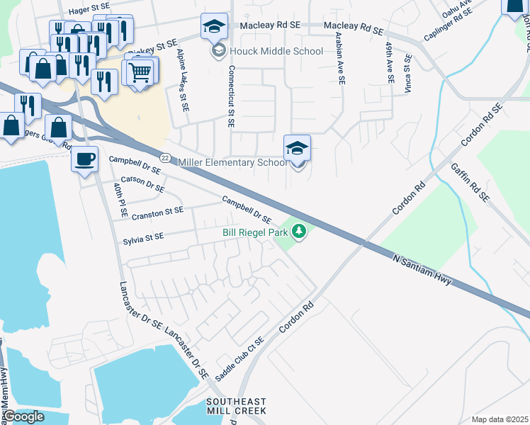 map of restaurants, bars, coffee shops, grocery stores, and more near 4504 Campbell Drive Southeast in Salem