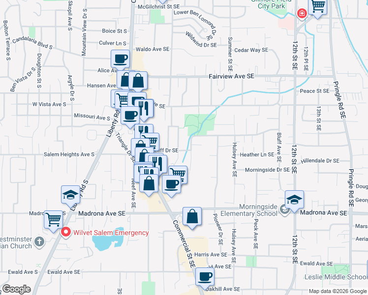 map of restaurants, bars, coffee shops, grocery stores, and more near 660 Ratcliff Drive Southeast in Salem