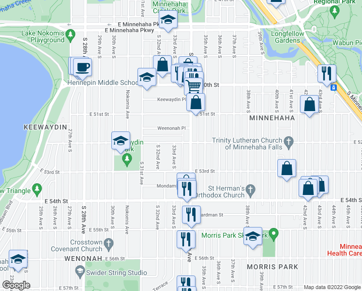 map of restaurants, bars, coffee shops, grocery stores, and more near 5214 South 34th Avenue in Minneapolis