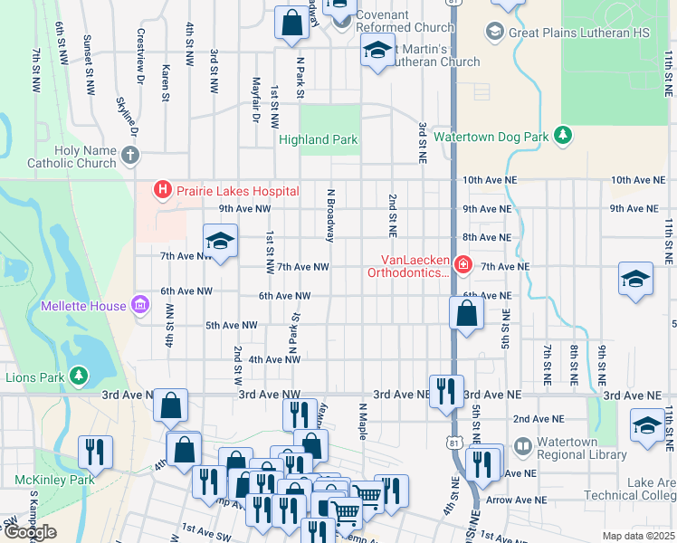 map of restaurants, bars, coffee shops, grocery stores, and more near 601 North Broadway in Watertown