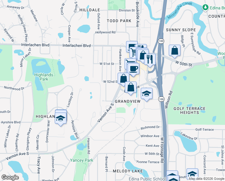 map of restaurants, bars, coffee shops, grocery stores, and more near 5250 Vernon Avenue South in Edina