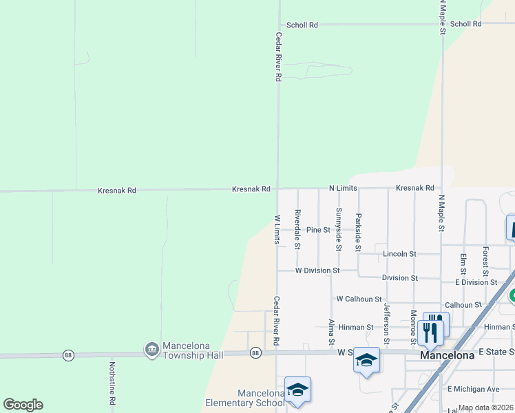 map of restaurants, bars, coffee shops, grocery stores, and more near 8597 Cedar River Road in Mancelona