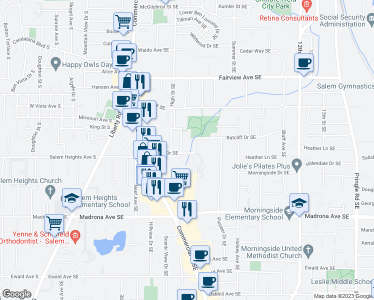 map of restaurants, bars, coffee shops, grocery stores, and more near 655 Ratcliff Drive Southeast in Salem