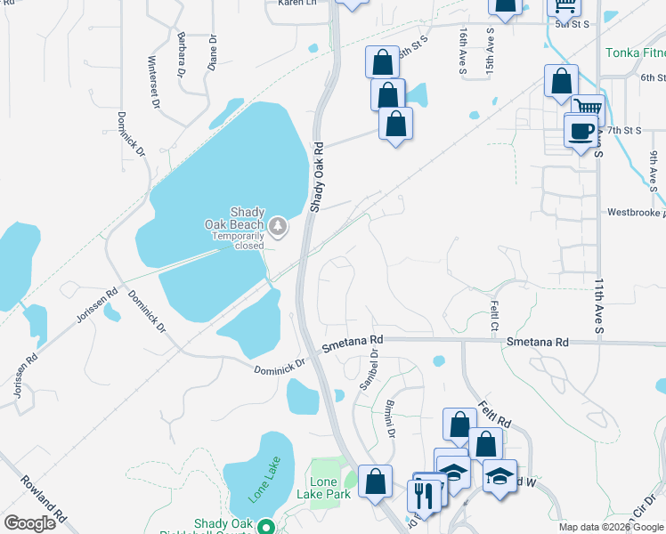 map of restaurants, bars, coffee shops, grocery stores, and more near 5276 Beachside Drive in Hopkins