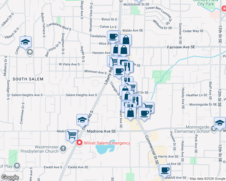 map of restaurants, bars, coffee shops, grocery stores, and more near 233 Salem Heights Avenue Southeast in Salem