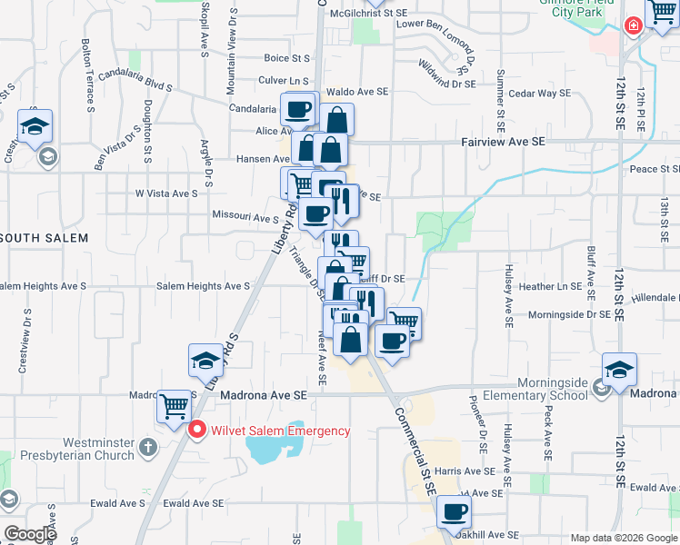 map of restaurants, bars, coffee shops, grocery stores, and more near 421 Ratcliff Drive Southeast in Salem