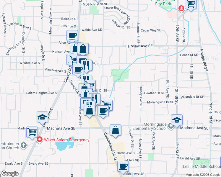 map of restaurants, bars, coffee shops, grocery stores, and more near 660 Ratcliff Drive Southeast in Salem