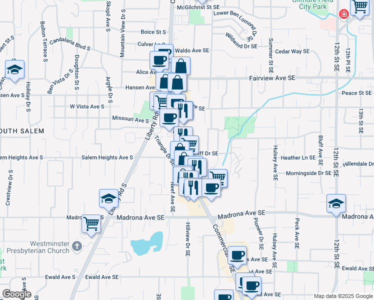 map of restaurants, bars, coffee shops, grocery stores, and more near 447 Ratcliff Drive Southeast in Salem