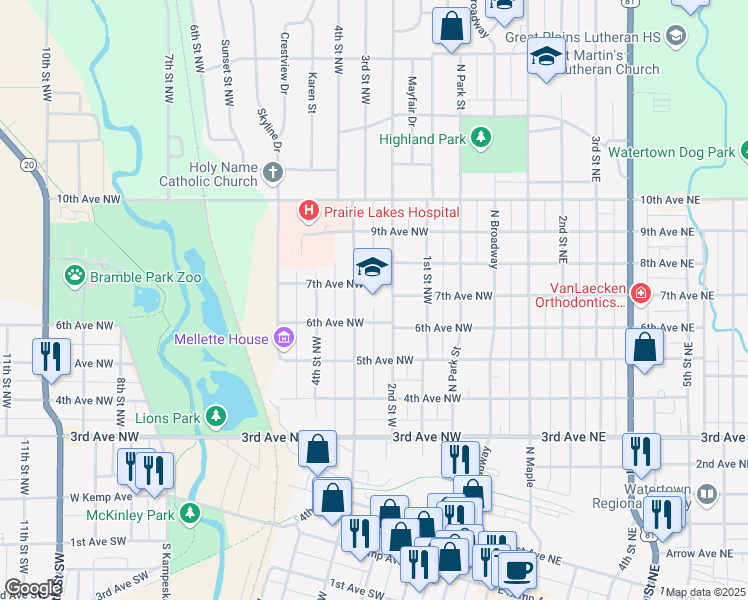 map of restaurants, bars, coffee shops, grocery stores, and more near 619 2nd Street West in Watertown