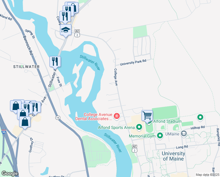 map of restaurants, bars, coffee shops, grocery stores, and more near 425 College Avenue in Orono