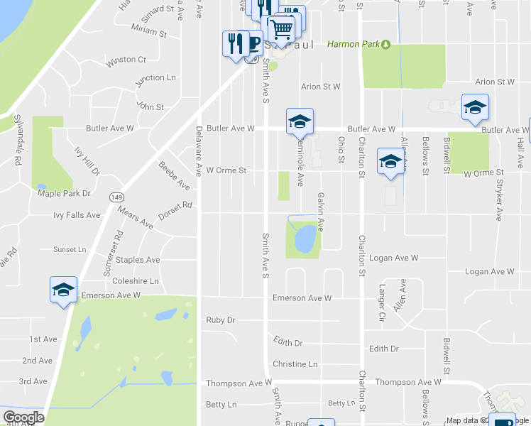 map of restaurants, bars, coffee shops, grocery stores, and more near Smith Avenue South in West St. Paul