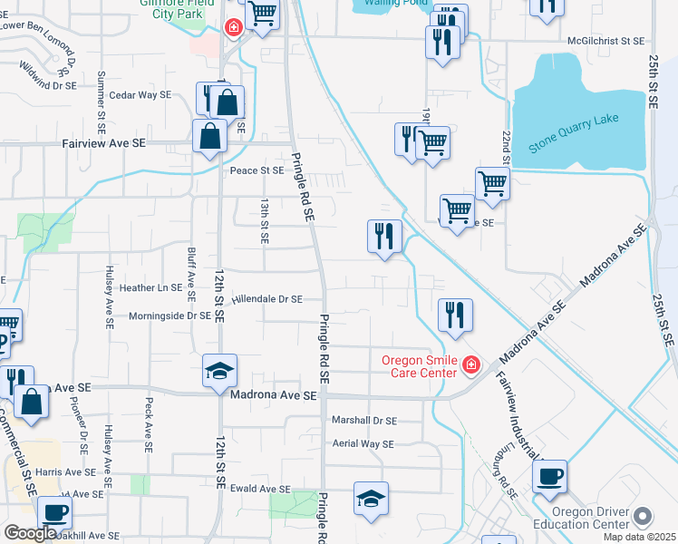 map of restaurants, bars, coffee shops, grocery stores, and more near 3298 Pringle Road Southeast in Salem