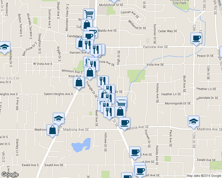 map of restaurants, bars, coffee shops, grocery stores, and more near 3302 Commercial Street Southeast in Salem