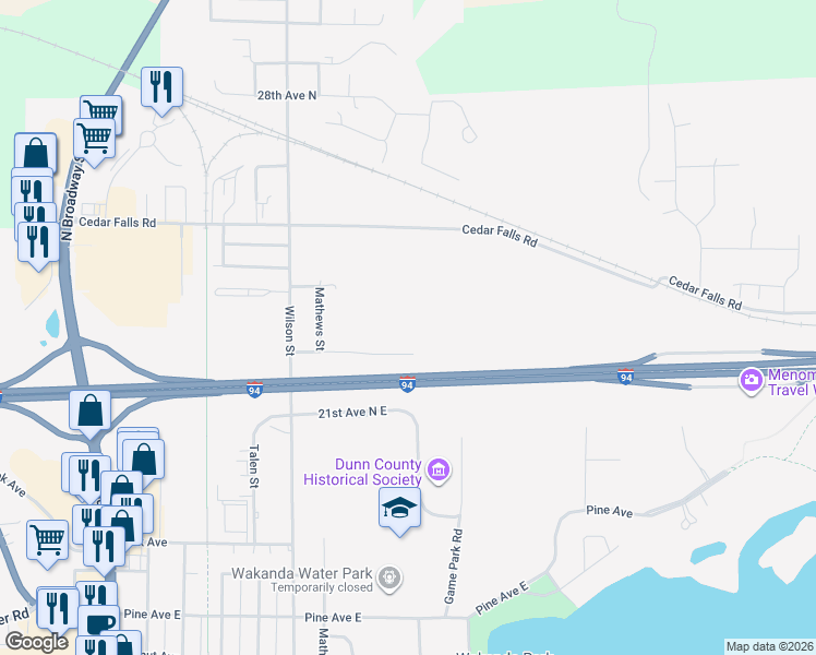 map of restaurants, bars, coffee shops, grocery stores, and more near 921 22ND Avenue Northeast in Menomonie