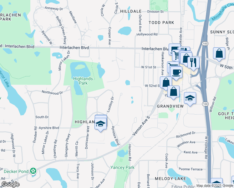 map of restaurants, bars, coffee shops, grocery stores, and more near 5265 Lochloy Drive in Minneapolis