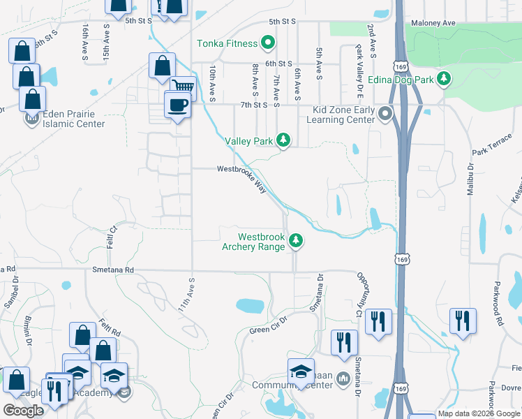 map of restaurants, bars, coffee shops, grocery stores, and more near 952 Westbrooke Way in Hopkins