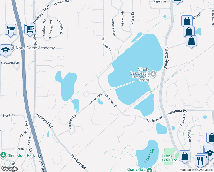 map of restaurants, bars, coffee shops, grocery stores, and more near 5289 Dominick Drive in Hopkins