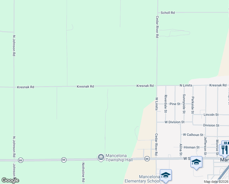 map of restaurants, bars, coffee shops, grocery stores, and more near 644 Kresnak Road in Mancelona