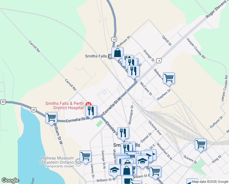 map of restaurants, bars, coffee shops, grocery stores, and more near 7 Johnston Street in Smiths Falls