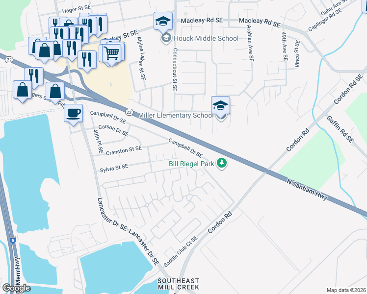 map of restaurants, bars, coffee shops, grocery stores, and more near 4373 Sylvia Court Southeast in Salem