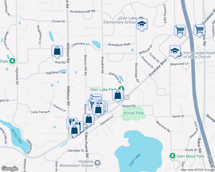 map of restaurants, bars, coffee shops, grocery stores, and more near 5221 Woodhill Road in Minnetonka