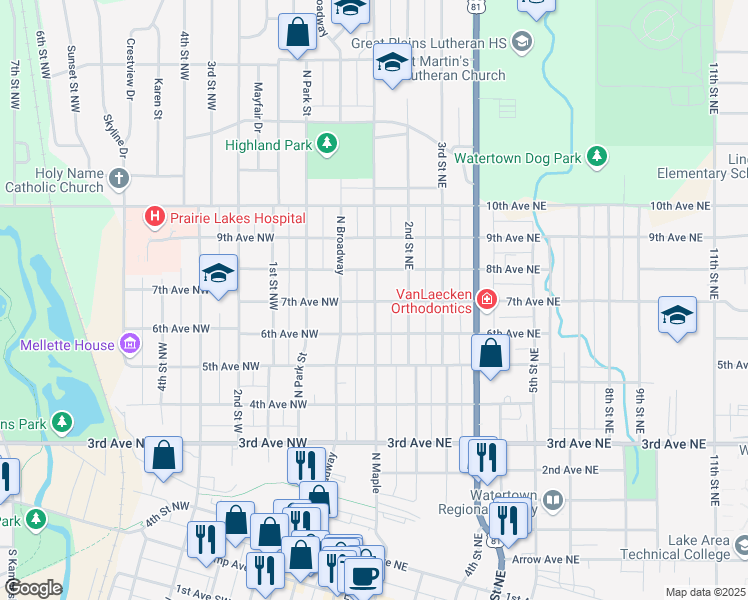 map of restaurants, bars, coffee shops, grocery stores, and more near 703 North Maple in Watertown