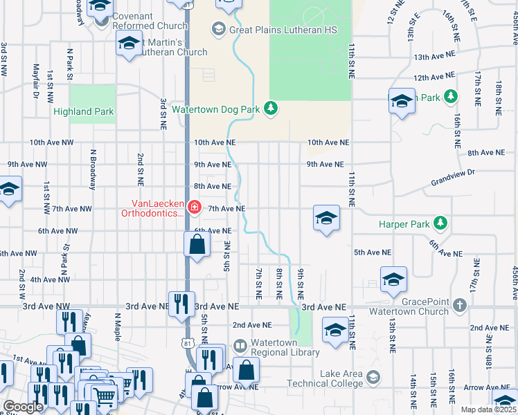 map of restaurants, bars, coffee shops, grocery stores, and more near 701 7th Street Northeast in Watertown