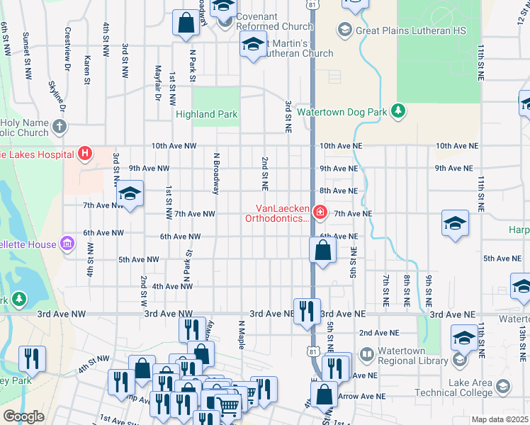 map of restaurants, bars, coffee shops, grocery stores, and more near 702 2nd Street Northeast in Watertown