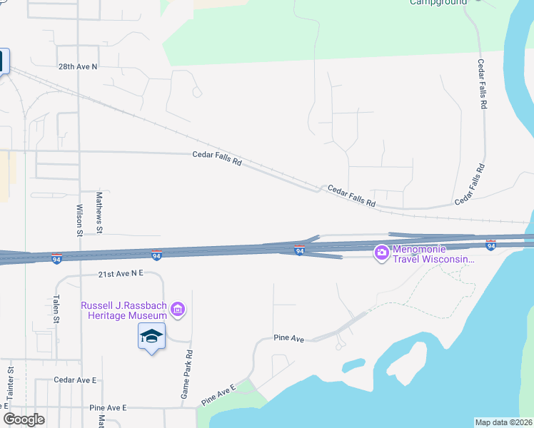 map of restaurants, bars, coffee shops, grocery stores, and more near 1528 Cedar Falls Rd in Menomonie