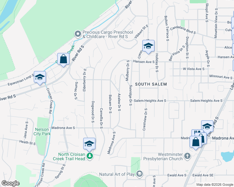 map of restaurants, bars, coffee shops, grocery stores, and more near 3265 Azalea Drive South in Salem
