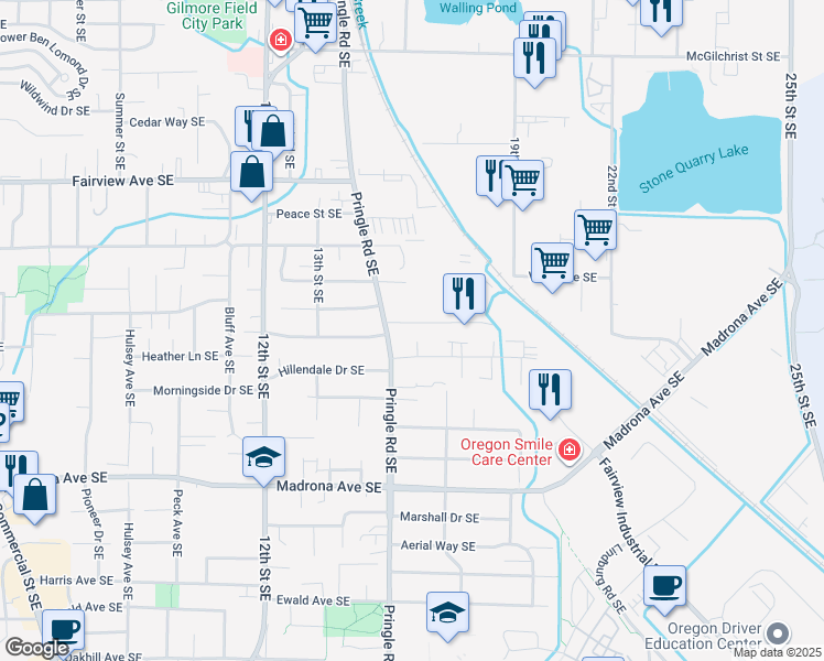 map of restaurants, bars, coffee shops, grocery stores, and more near 3298 Pringle Road Southeast in Salem