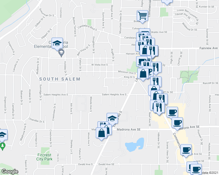 map of restaurants, bars, coffee shops, grocery stores, and more near 301 Salem Heights Avenue South in Salem