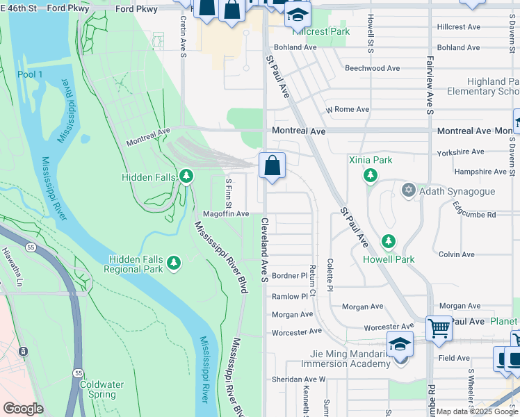 map of restaurants, bars, coffee shops, grocery stores, and more near 1085 Cleveland Avenue South in Saint Paul