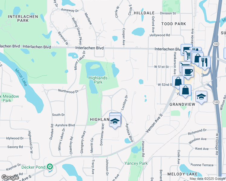 map of restaurants, bars, coffee shops, grocery stores, and more near 5240 Lochloy Drive in Minneapolis