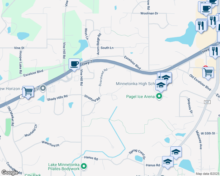 map of restaurants, bars, coffee shops, grocery stores, and more near 5244b Black Friars Lane in Minnetonka